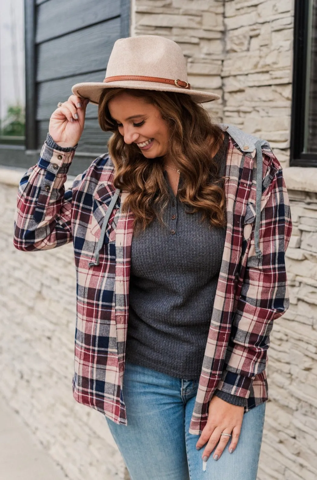 Stay With Me Hooded Plaid Top- Taupe, Navy & Cranberry