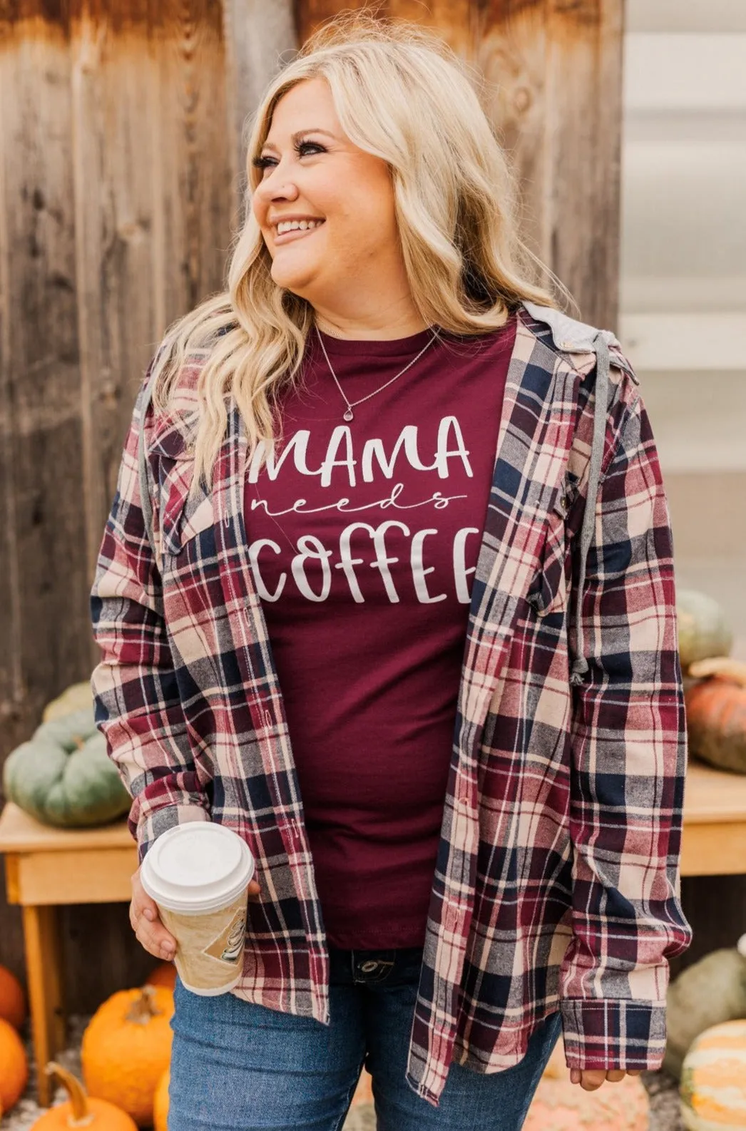 Stay With Me Hooded Plaid Top- Taupe, Navy & Cranberry