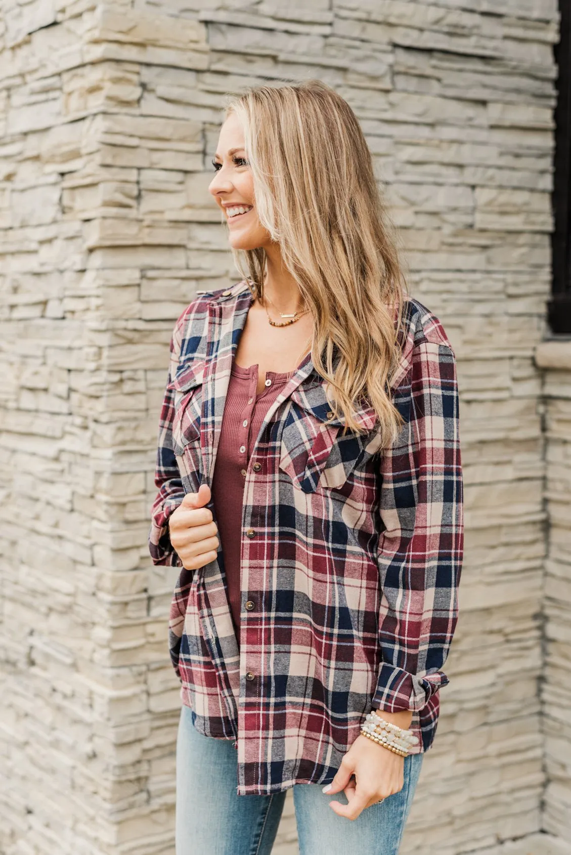 Stay With Me Hooded Plaid Top- Taupe, Navy & Cranberry