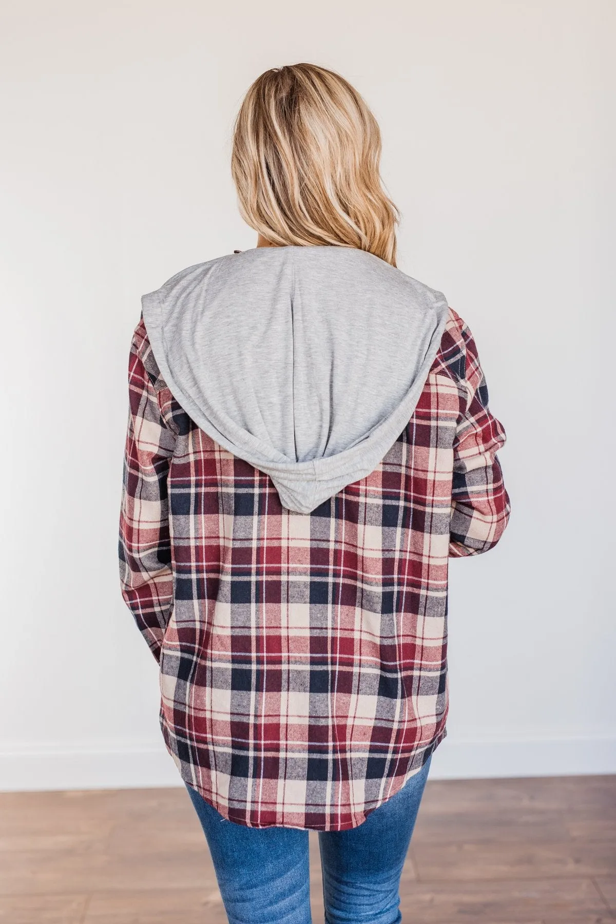 Stay With Me Hooded Plaid Top- Taupe, Navy & Cranberry