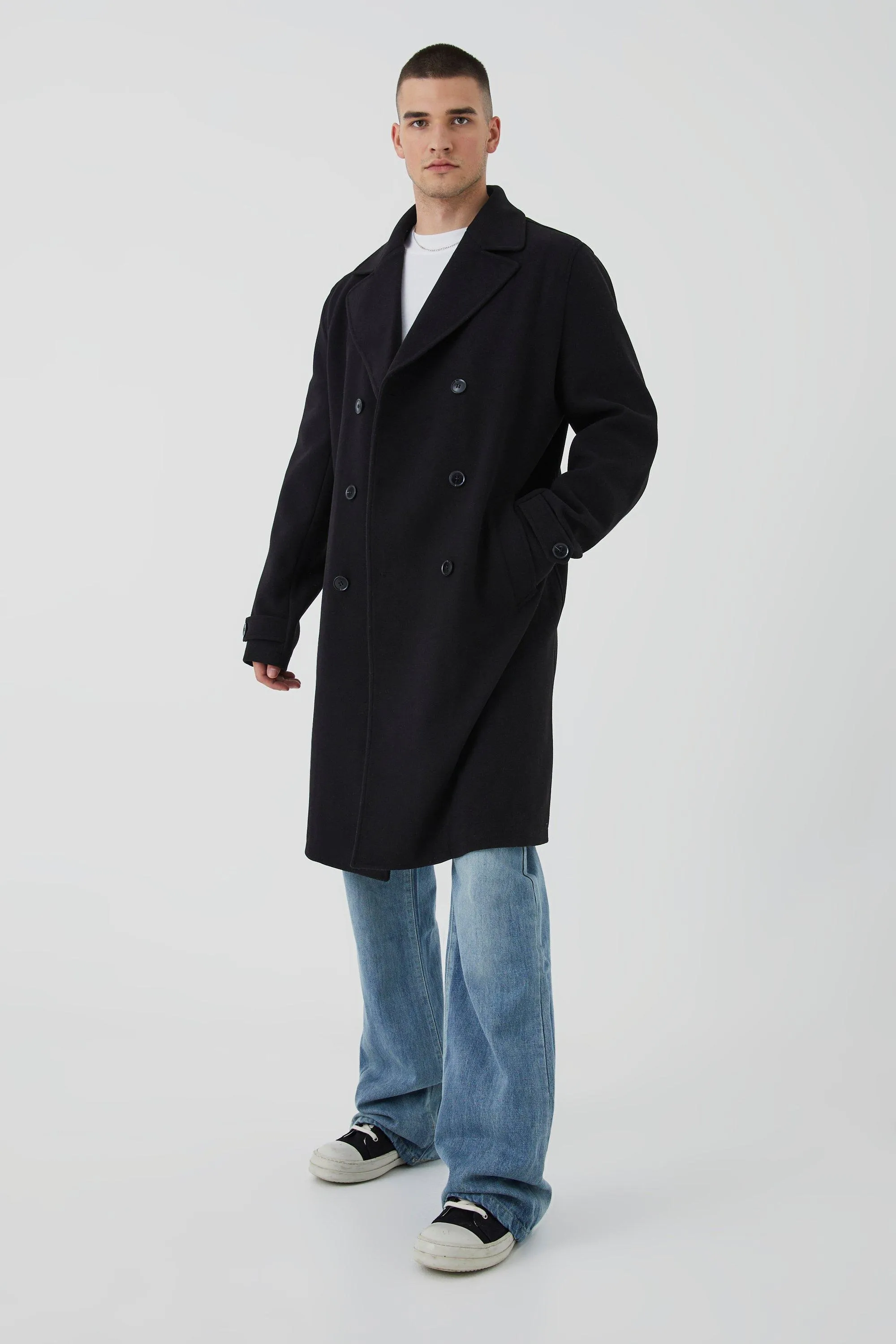 Tall Double Breasted Wool Look Overcoat in Black | boohooMAN UK