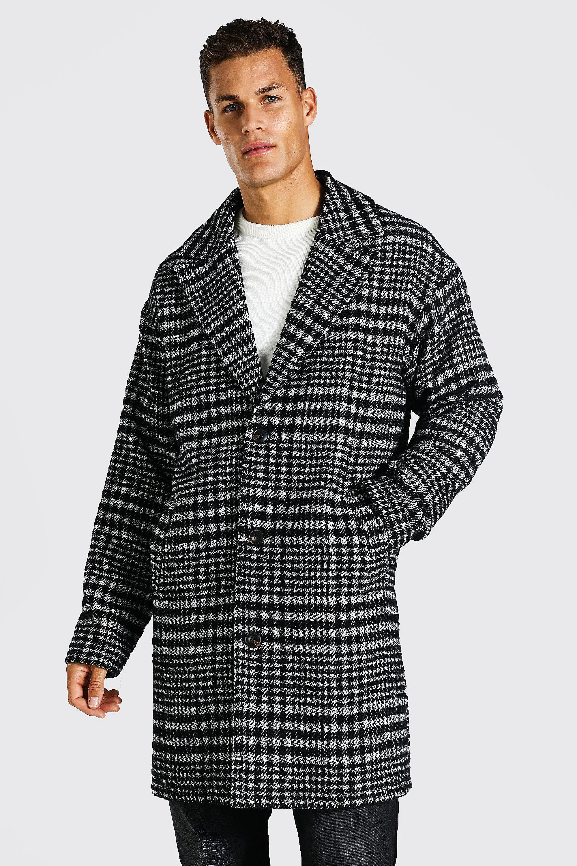 Tall Prince Of Wales Check Overcoat | boohooMAN UK