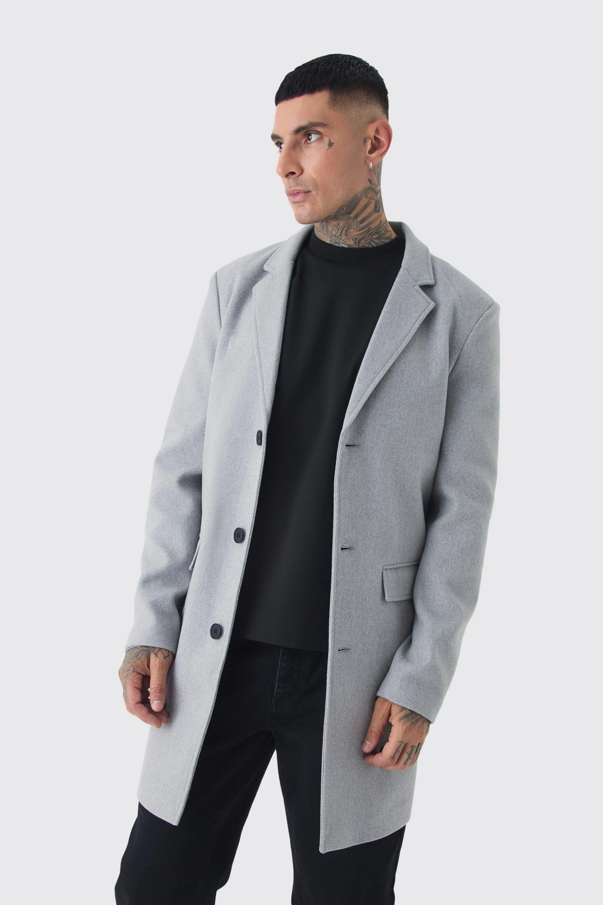 Tall Single Breasted Wool Look Overcoat in Grey | boohooMAN UK