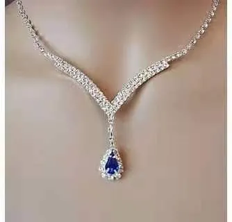 Trendy Blue Water Drop Rhinestones Women Necklace With Pendent