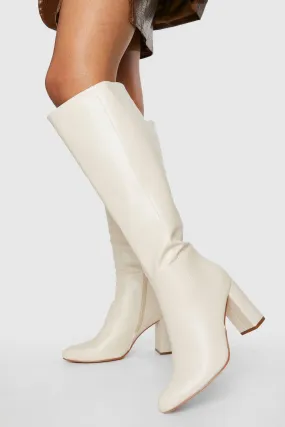 Wide Width Block Heel Knee High Pull On Boots