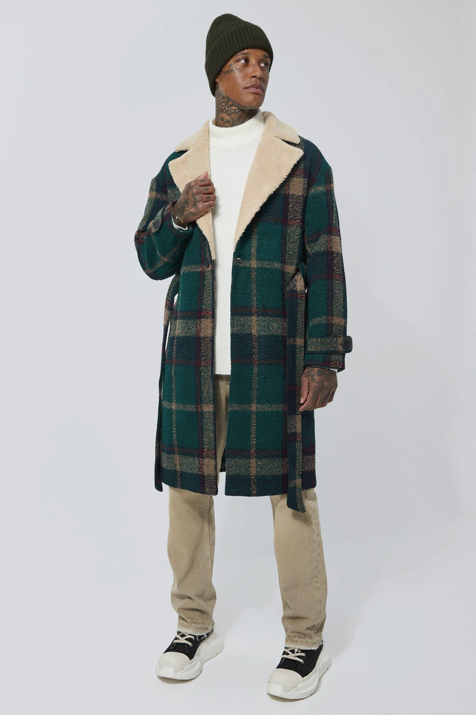 Wool Look Check Overcoat With Borg Collar | boohooMAN UK