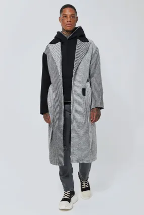 Wool Look Tonal Colourblock Belted Overcoat | boohooMAN UK