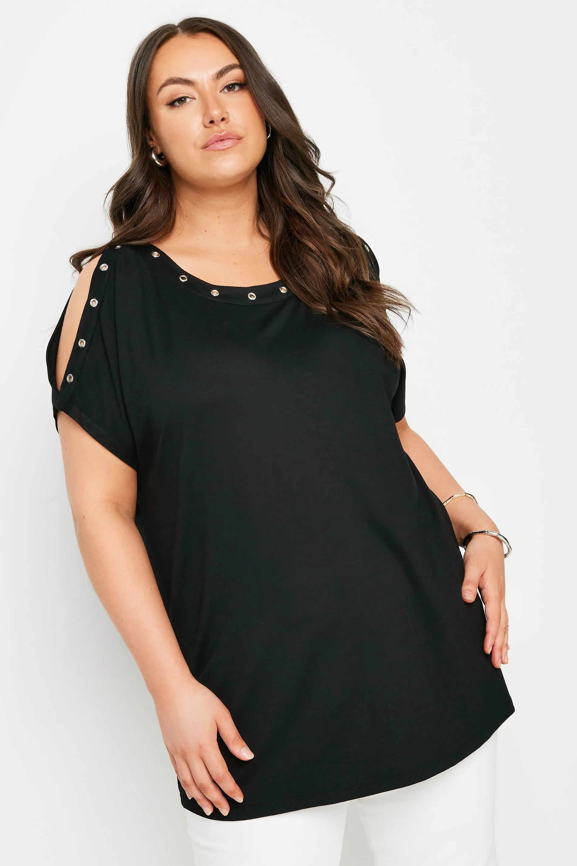 YOURS Curve Black Eyelet Detail Cold Shoulder Top