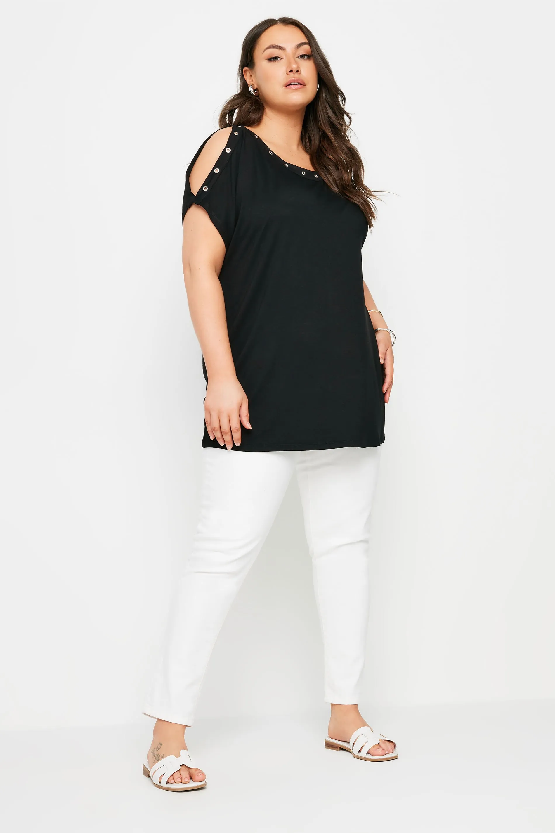 YOURS Curve Black Eyelet Detail Cold Shoulder Top