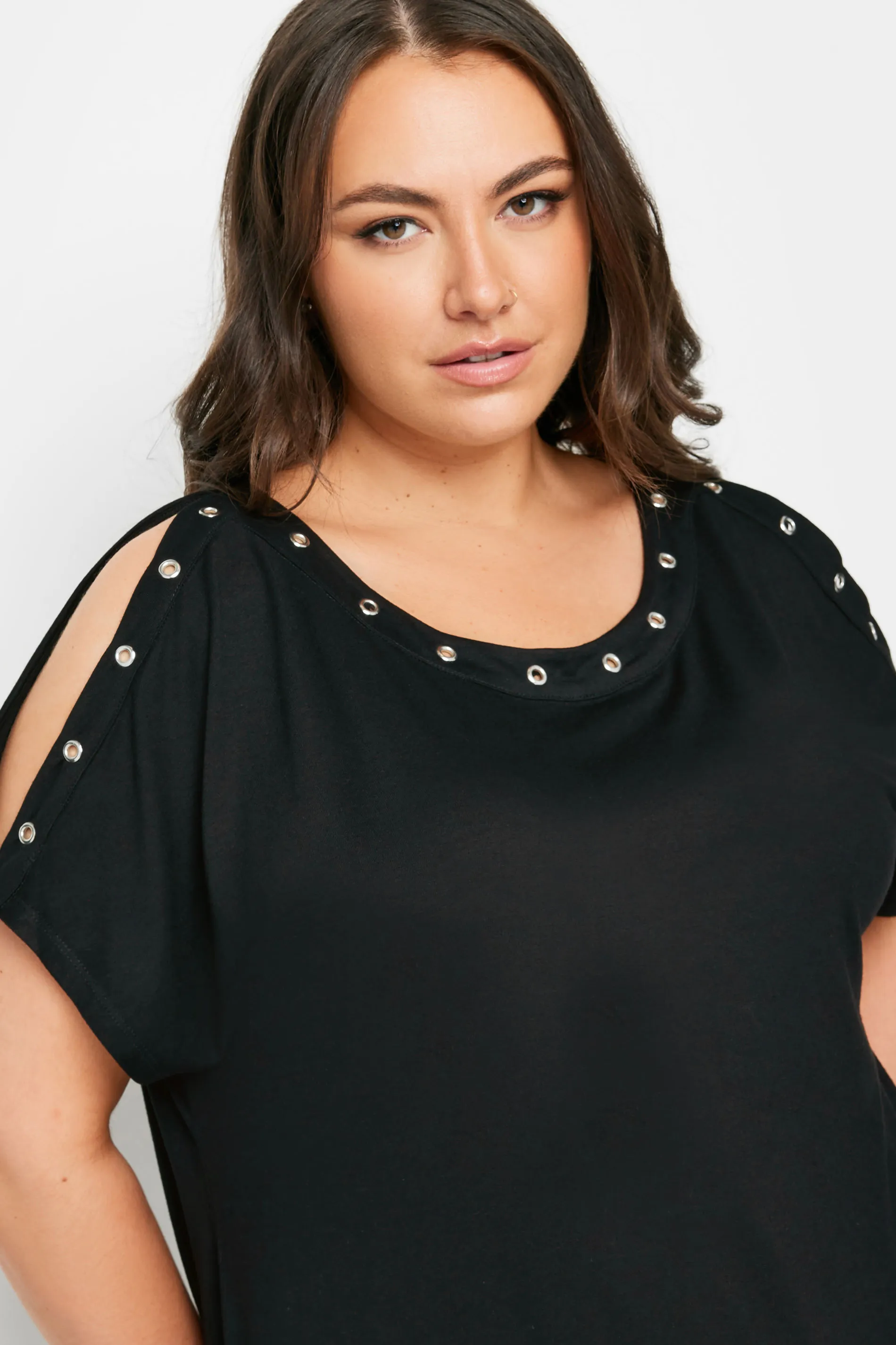 YOURS Curve Black Eyelet Detail Cold Shoulder Top