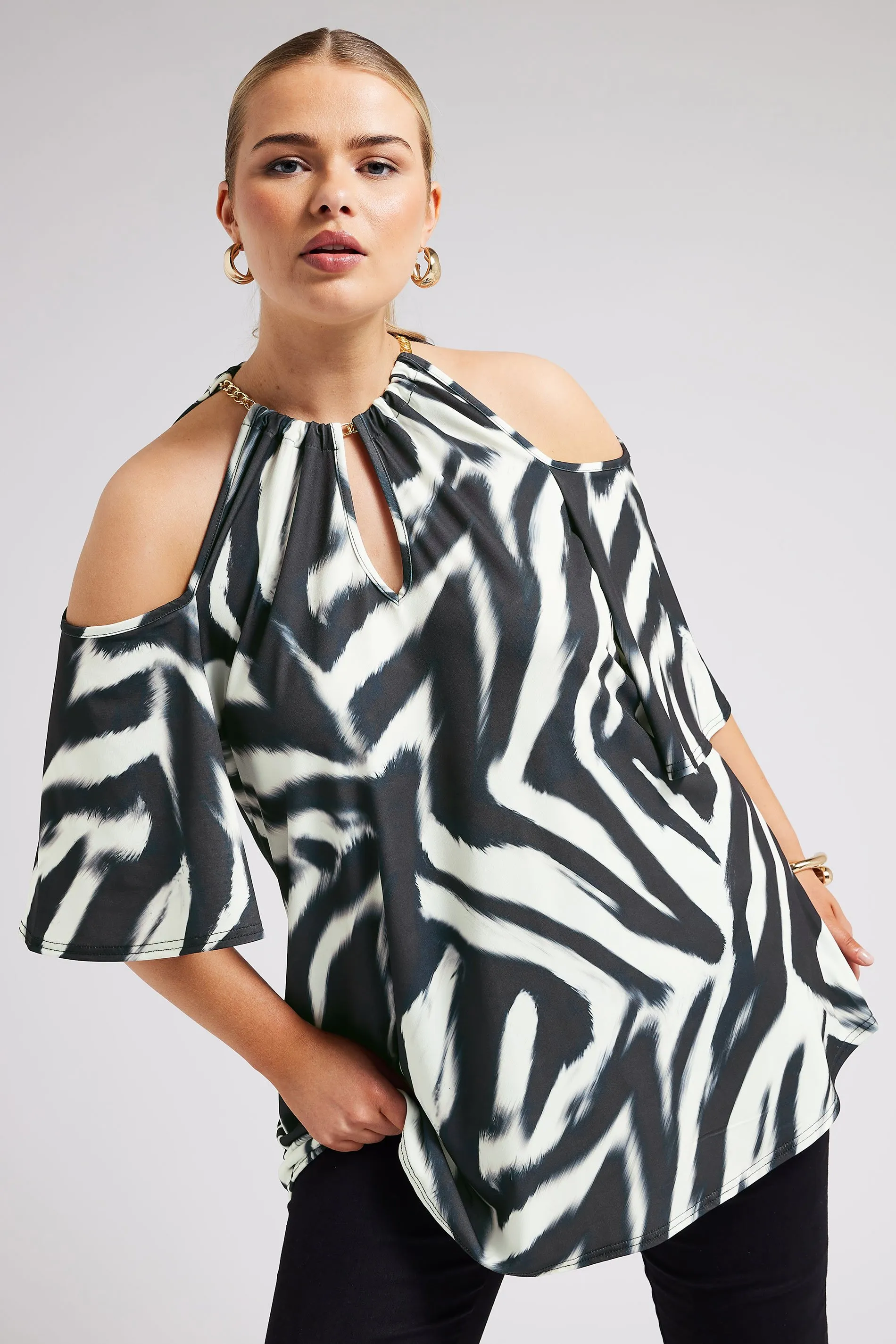 YOURS LONDON Curve Black Zebra Print Cold Shoulder Top