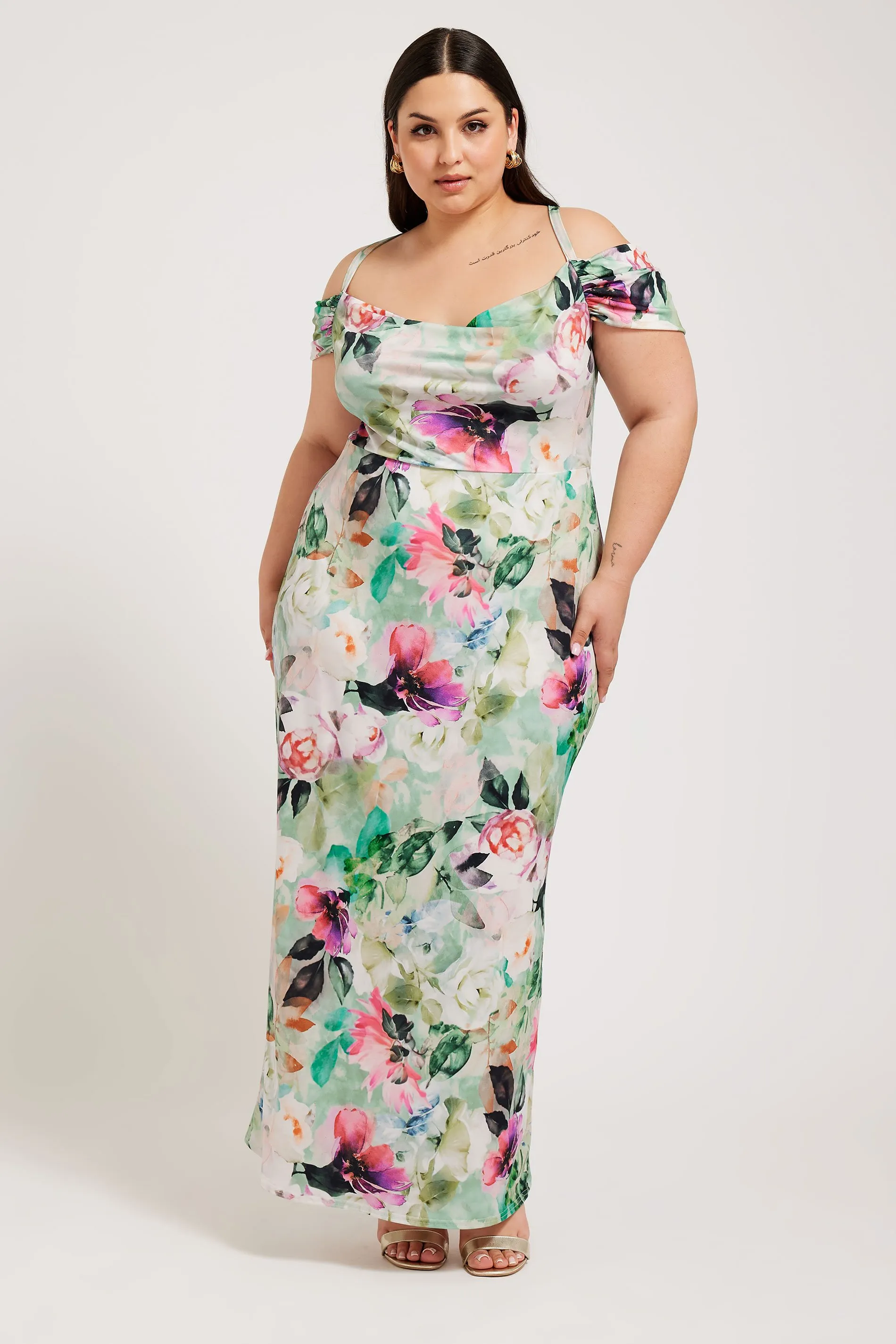 YOURS LONDON Curve Green Floral Print Cold Shoulder Dress