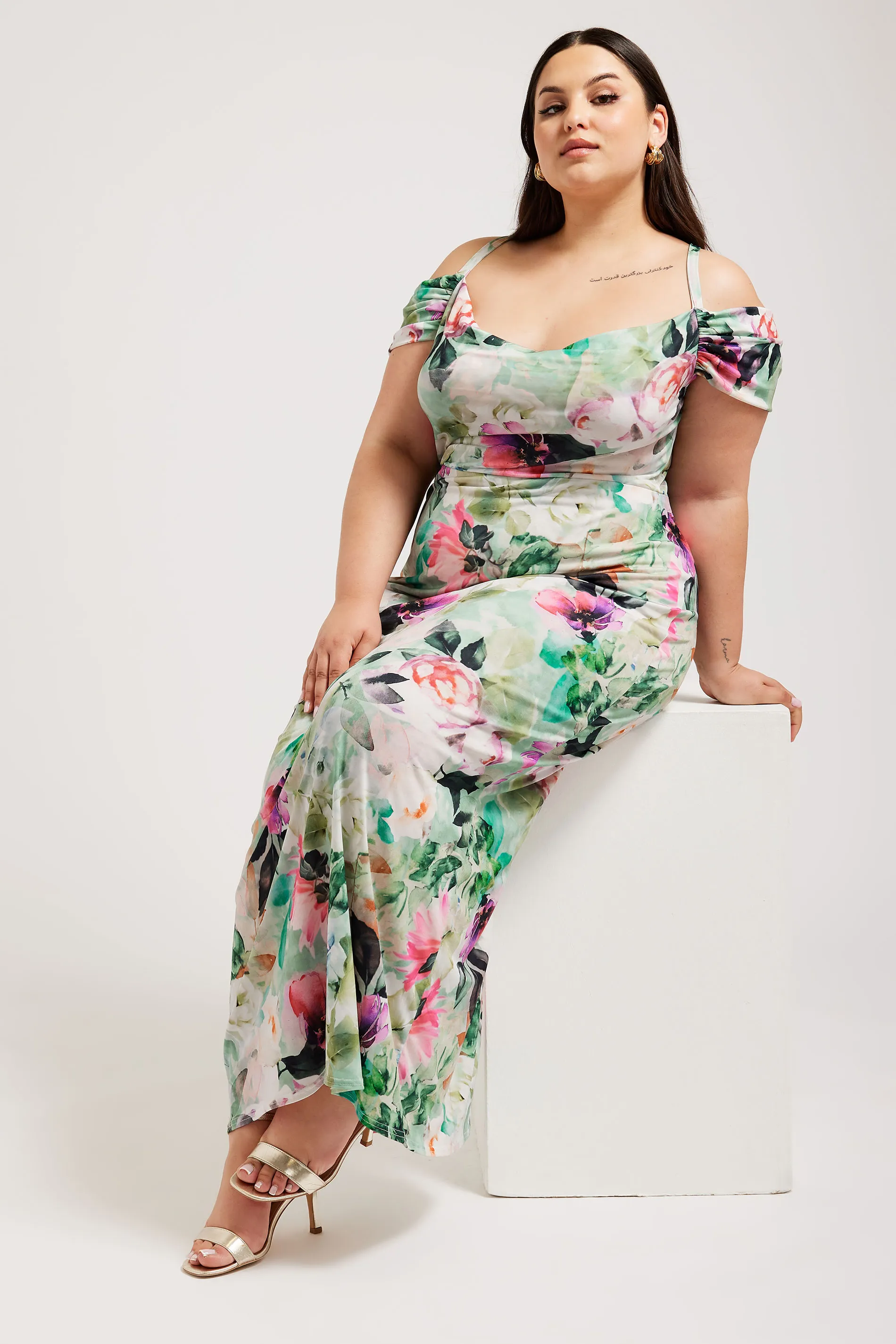 YOURS LONDON Curve Green Floral Print Cold Shoulder Dress