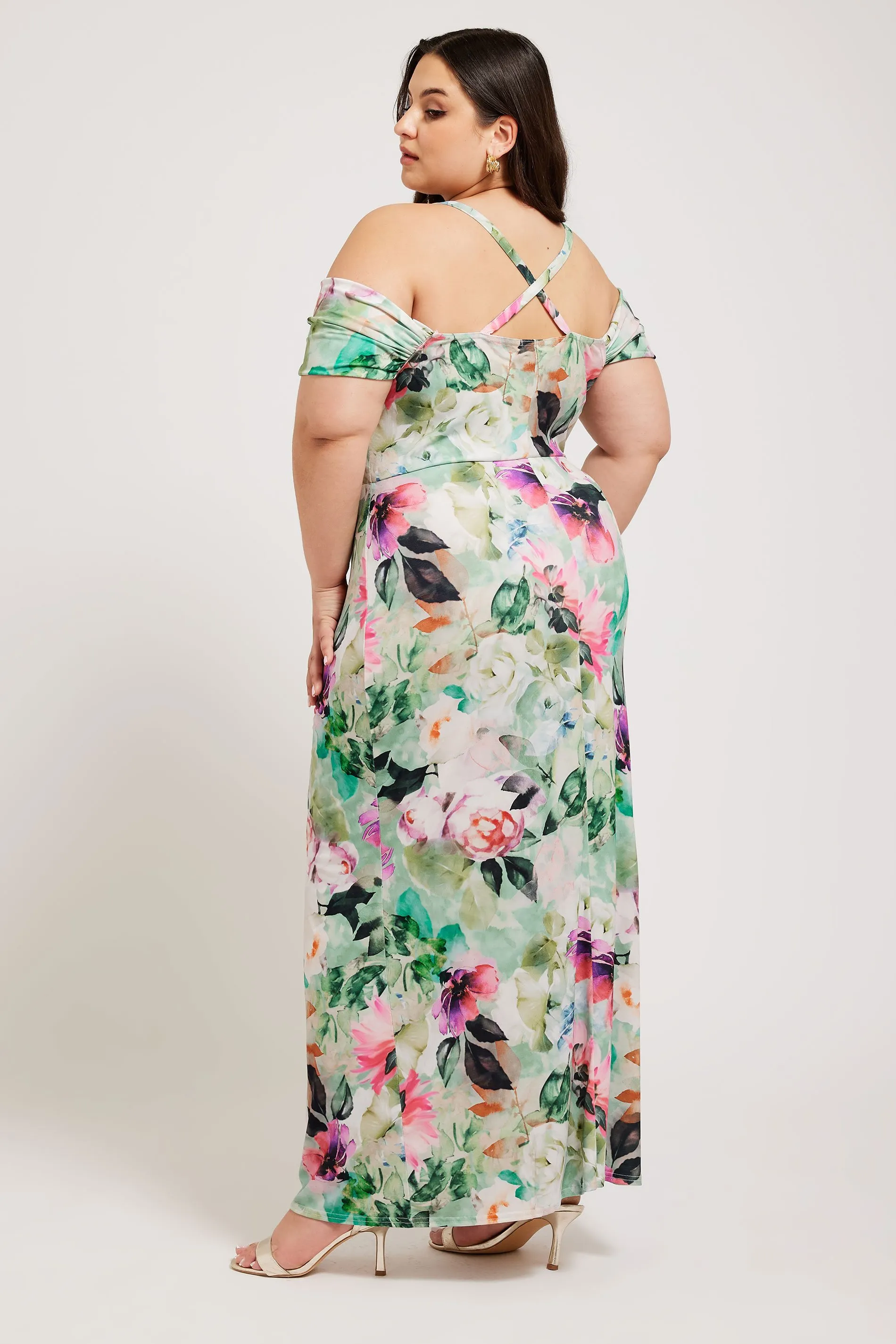 YOURS LONDON Curve Green Floral Print Cold Shoulder Dress