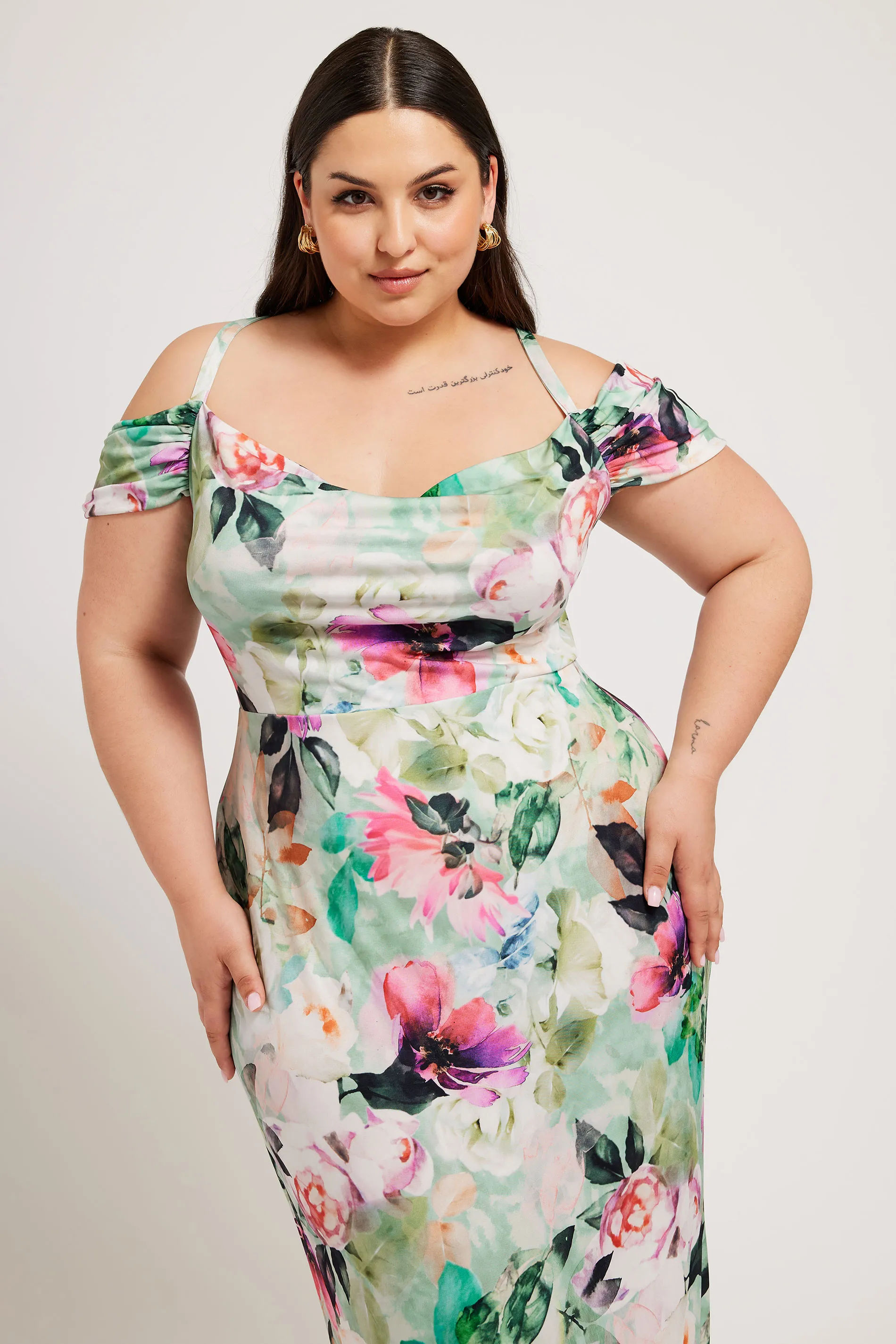 YOURS LONDON Curve Green Floral Print Cold Shoulder Dress