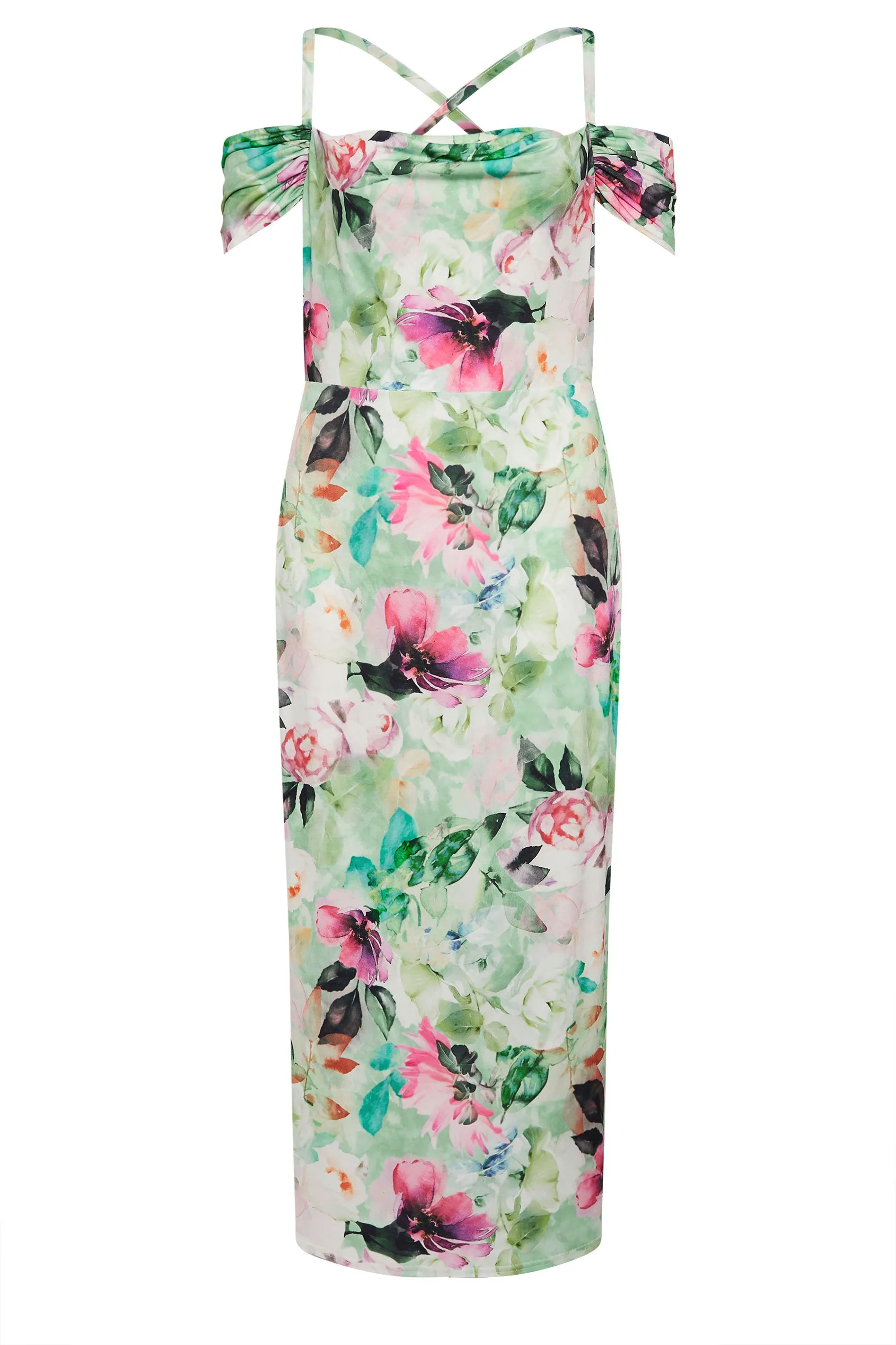 YOURS LONDON Curve Green Floral Print Cold Shoulder Dress